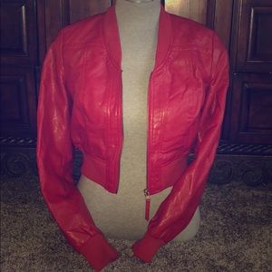 Faux red leather cropped jacket
